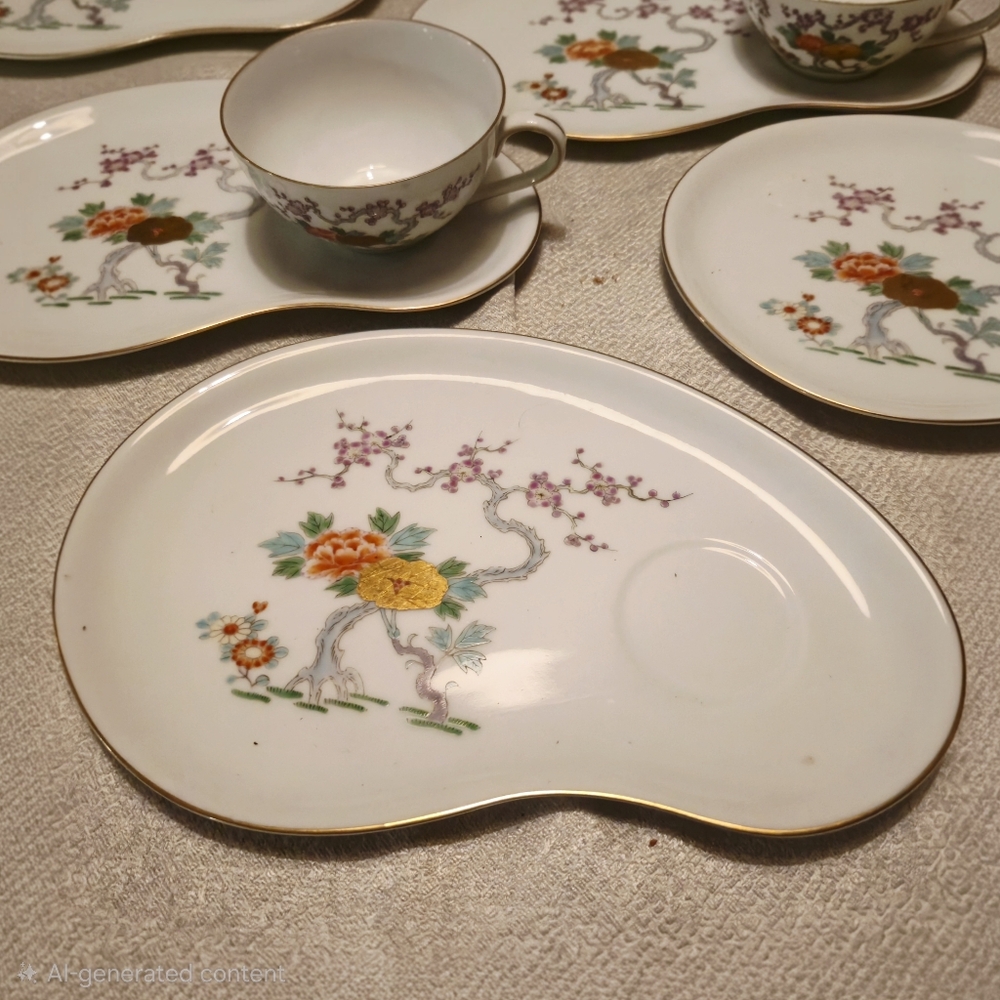 Floral Porcelain Tea Set with Gold Trim Six Teacups And Saucers Plus Sugar And